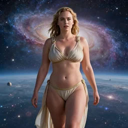 film still of unrealistically curvy brie larson, focus on facial - detail!!!!!!, walking on the bifrost, toward an endless abyss in space, wearing a flowy bikini inspired by ancient roman clothing, beautiful astronomical background with galaxies and nebulas, lack of sunlight, 8 k resolution, cinematic lighting, anatomically correct, by christopher nolan