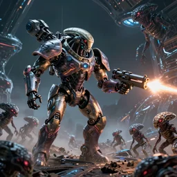 VFX movie of a futuristic inhuman alien spacemarines Mech in future spaceship, firing gun at alien horde detailed creature skin neon lighting by Emmanuel Lubezki