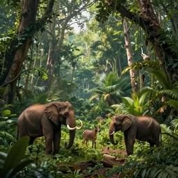 an epic beautiful jungle scene with many different animals, hyper detailed, cinematic, photo realistic