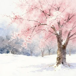 桜 in a 雪 landscape, watercolour painting