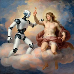 robot touches athletic human on clouds, classical religious painting