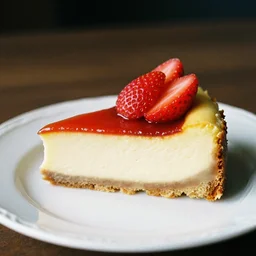 professional food photo of a perfect slice of cheesecake topped with strawberries, 35mm film
