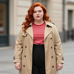a photo of a chubby redhead girl, one side soft curl, wearing a trench coat, a red striped shirt and black skirt, 8 k, trending