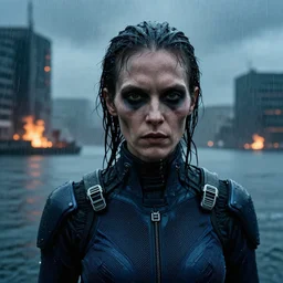 cinestill 5 0 d candid photographic portrait by helen levitt of a evil looking cyborg wearing rugged dark blue mesh techwear in treacherous waters, extreme closeup, modern cyberpunk moody depressing cinematic, pouring rain, the buildings are on fire, 8 k, hd, high resolution, 3 5 mm, f / 3 2, ultra realistic faces, ex machina