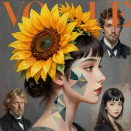 sunflower tiara, geometry face tattoo, korean audrey hepburn, vogue magazine, greg rutkowski, john singer sargent, trending on artstation, anime, oil painting, side profile portrait, looking right, serene, intricate