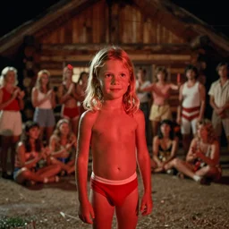 6 0 year old linus roache with long blond hair, bathing suit, red lighting, cult meeting, log cabin background, nighttime, cinestill 8 0 0 t, 1 9 8 0 s movie still, film grain