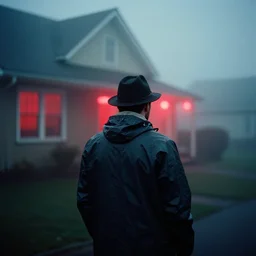 analog photograph of a man from the back outside a house wearing a raincoat and a hat, fog at night by mark owen. red lights. bokeh. cinematic. hq. detailed. contrast. cinestill 8 0 0 t