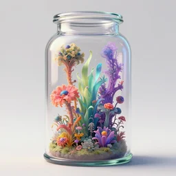 concept art. illustration. sci - fi. multicolour strange weird plants and flowers from a different planet in a closed jar. plain background. high sci - fi. holographic, beautiful, ethereal