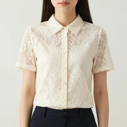 a woman wearing a lace blouse