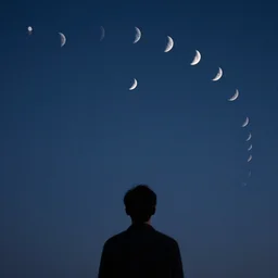 man looking at the pattern with little moonsin the night sky