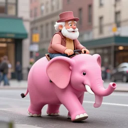 crazy old man riding a pink elephant through NY Street