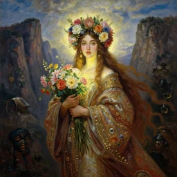 portrait oil painting, a beautiful young woman, floral headdress, flowers, holding a bouquet of flowers, glowing figure, large cliffs and sky, long flowing hair, ornate robe, ultra realistic, wide angle, intricate details, artifacts, michael cheval, peter mohrbacher, boris vallejo, jessica rossier, oil painting, cinematic lighting
