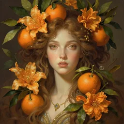 photography by eric burkhanaev, portrait with orange fruits and flowers, deep focus, d & d, fantasy, complex, elegant, highly detailed, digital painting, artstation, concept art, matte, clear focus, illustration, hearthstone, artgerm art, greg rutkovsky and alphonse mucha