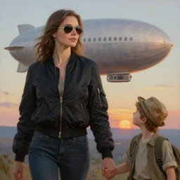 beautiful tall aviator girl !!!! in black bomber jacket and an explorer boy holding hands inside a flying zeppelin!!!!! during sunset, close up, cinematic, photorealistic, ultrarealistic, textured, painting by artgerm and greg rutkowski artstation