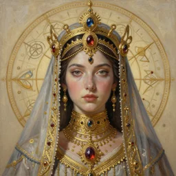 hyper realistic painting portrait of veiled queen, occult diagram, elaborate details, detailed face, intrincate ornaments, gold decoration, occult art, oil painting, art noveau, in the style of roberto ferri, gustav moreau, david kassan, bussiere, saturno butto, boris vallejo