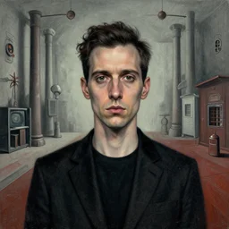portrait of a one man in the style of android jones and zdzislaw beksinski