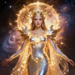 portrait of the powerful queen of the solar system in the style of charlie bowater and in the style of bob eggleton. glowing, ornate and intricate, stunning, dynamic lighting, intricate and detailed.