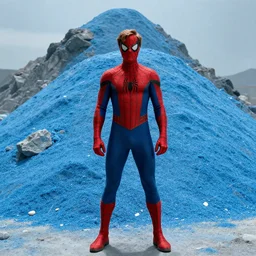 Walter White as Spider-Man standing in front of a mountain of blue meth, film still, wide-shot, full shot, cinematic lens, heroic portrait