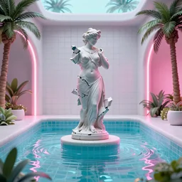 a broken statue in a surreal underground white tiled swimming pool surrounded by neon lights and palm trees in vapor wave style, trending on artstation, 3D octane render, hyperrealistic, dramatic lighting, unreal engine, glowy, 8k, 4k, raytracing