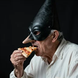 portrait photo of an old man, wrinkles, moody, sinister looking, long nose, crooked nose, large open mouth, black pulcinella masquerade mask, pointy conical hat, white wrinkled shirt, side view, muted colors, eating pizza, black background, close - up, skin blemishes, acclaimed, nikon 5 0 mm, expensive masterpiece