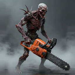 alive chainsaw with a torso, arms and legs. concept art, extremely high details, octane render, fog, horror, artstation contest winner, digital art by zdzislaw beksinski, wayne barlowe, simon stalenhag. masterpiece