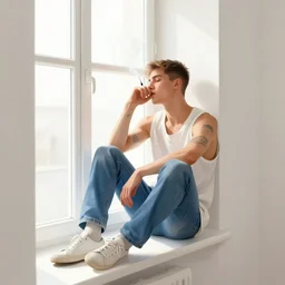 a young guy sitting by window in well lit white room wearing a wife - beater and blue jeans, short hair, tattoos, smoking, illustration, detailed, natural light, establishing shot, art by greg rutkowski