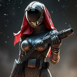 sexy fighter ornate feminine cyborg wearing belt in full body skin space suit, arab helmet, concept art, joshua rife, gun, intricate, highlydetailed, space background, artstation 4 k raytracing, shadows, highlights, illumination