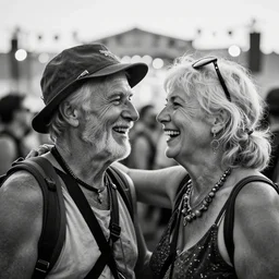 poignant portrait black and white photo of an old couple at a edm festival, laughing at each other, nostalgia, love
