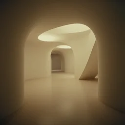noisy color photograph of a retrofuturist liminal space, twisting hallways, minimalist, cinematic, soft vintage glow