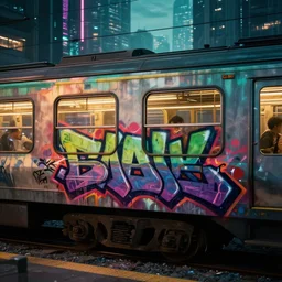 graffiti painted on a train in a cyberpunk city, cinematic shot, hyperdetailed