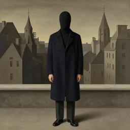 faceless man in a nameless city, loneliness, isolation, alienation by rene magritte, in the style of magritte