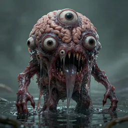 a creepy monster blob with five eyes, scary mouth with strings of salive, skin texture like a brain, slimy, standing in shallow water, horror art, intricate, extremely detailed, ultra realistic, trending on artstation, concept art