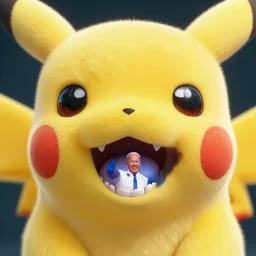 A close-up of Pikachu's unwashed teeth. In Pikachu's mouth is an image of Joe Biden