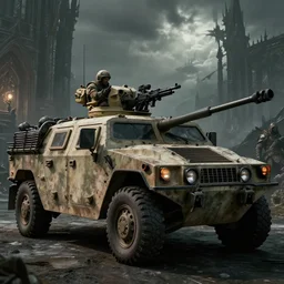 Humvee with a mounted M249 (1985) and with personnel, Dark Souls 3, a grim fantasy, Anor Londo, dramatic lighting, cinematic, establishing shot, extremely high detail, photorealistic, cinematic lighting, artstation, by simon stalenhag