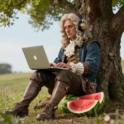 sir isaac newton sitting under a tree on a hill holding a macbook - pro and wearing trendy headphones, a big crushed watermelon is lying on the ground next to him, steampunk, sharp focus, hyper realistic, photorealistic, depth of field, hyper detailed, artstation, award winning, 3 d render, octane, ray tracing, ultra high resolution,
