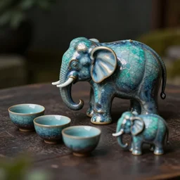 raku elephant tea set, horse hair, raku metallic, turquoise, mottled, crackle, spot lit, deep color, translucent, tilt shift