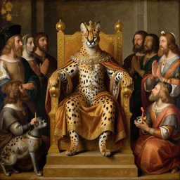 renaissance painting of a serval cat as a monarch sitting upon a grand throne, surrounded by their subjects, depiction of society, regal feline, serval cat, painting by leonardo davinci
