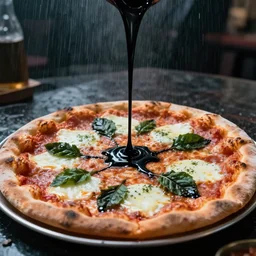 imax film still of downpour of black shiny sludge on pizza margherita, modern horror