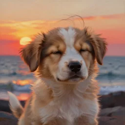 a cute puppy with its eyes closed on a very windy day, at the sea,, wind blowing through its fur, highly detailed, hyperrealistic, intricate, sunset in the background, rays of golden red sunlight, oil painting by greg rutkowski and artgerm and wlop