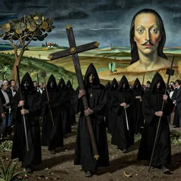 A Holy Week procession of grim reapers in a lush Spanish landscape at night. A hooded figure at the front holds a cross. El Greco, Remedios Varo, Salvador Dalí.