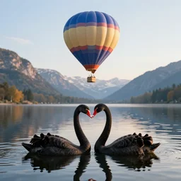 realistic extremely detailed  photo of a hot air balloon flying above a beautiful reflective mountain lake, two black swans swimming in the lake, touching heads, forming a heart with their necks, granular detail, holographic krypton ion, octane render, 4k, f32,55mm photography, wide angle