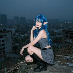 breathtaking photo of an attractive young asian elf woman with pointy ears and blue hair, wearing a miniskirt and knee-high boots, crouching in an endlessly sprawling hazy abandoned city at night, extremely moody lighting, 8K