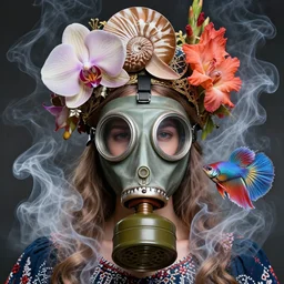 3 d close - up portrait of the goddess face in vintage gas mask in midsommar style clothes and crown with nautilus mixed with giant orchid flower and giant gladiola betta fish, intricate, elegant, surrounded by smoke and water energy flow, highly detailed, by wlop, tooth wu, greg rutkowski, alena aenami