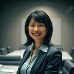 a portrait photograph of a smug woman executive in a business dress in a board room, black hair, dof, low light, highly detailed, 4 k, cinestill 8 0 0 t, exif, photography by andreas franke