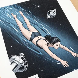 screen print, portrait a young woman swimming in space, ( ( karolis strautniekas ) ) loish, christopher balaskas, victo ngai, detailed, dynamic pose, halftone shaded, matte print, editorial illustration