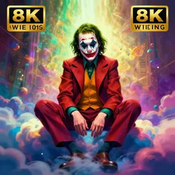 symmetry!! stunning portrait of the joker, by victo ngai, kilian eng vibrant colors, dynamic lighting, digital art, winning award masterpiece, fantastically gaudy, aestheticly inspired by beksinski and dan mumford, upscale with simon stalenhag work, sitting on the cosmic cloudscape, 8 k