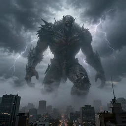 enormous creature towering over a city during a thunderstorm with fog, hyper realistic, 8 k, unreal engine