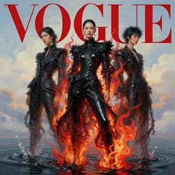3 d, fashion model, flame, liquid black and red water, morning, vogue cover style, poster art, high detail, intricate oil painting, multiple exposure, heaven mood, hyperrealism, 3 d, by tooth wu and wlop and beeple and greg rutkowski