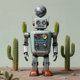 a long shot of. a 1950s retro Cactus robot, with space above the head. Bionic cacti Arms and eyes. pop surrealism, muted colours. by Jean-Baptiste Monge, wide shot