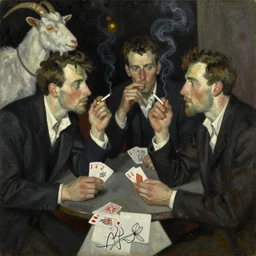 oil painting in the style of john craxton. sailors talking in the shadows of jazz club. goat. cheekbones. looking. strong expressions on faces. smoke. holding cigarettes. playing cards. scratch. strong lighting. brush. single flower. in the style of ivon hitchins. seated figure hands on table. line drawing. high detail.